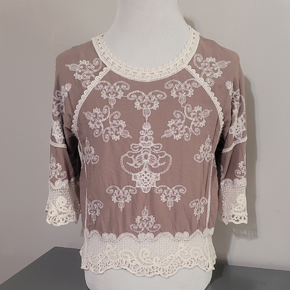 Democracy Lace-Trimmed Blouse in Taupe and Cream